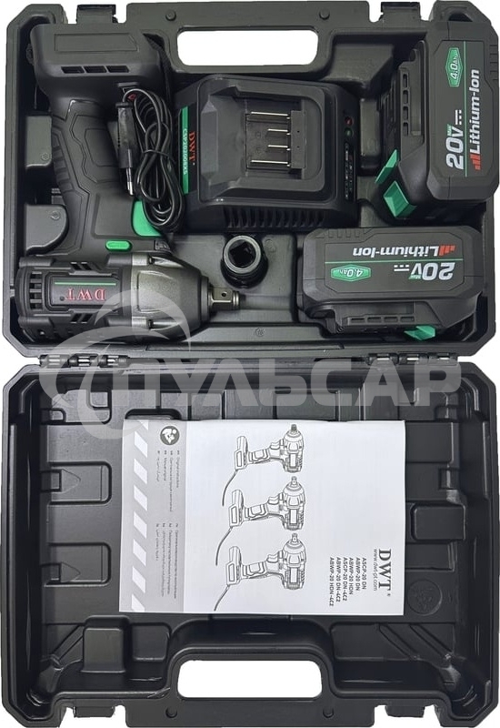 Гайковерт ударный аккумуляторный DWT ABWP-20 HDN-4C2 BMC /20В/500 Нм/2400 об.в мин/3000 уд.в мин/M12-M28/бесщеточный мотор/LED-подсветка/2 АКБ, 4 А·ч/ЗУ/кейс/черный (ABWP-20 HDN-4C2 BMC)