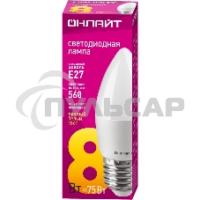 Лампа светодиодная ОНЛАЙТ 71634 OLL-C37-8-230-2.7K-E27-FR 8Вт свеча 2700К тепл. бел. E27 560лм 176-264В