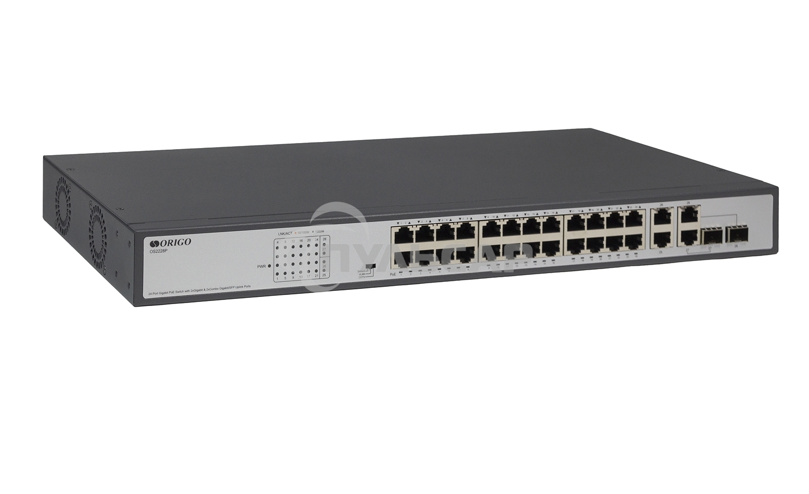 Неуправляемый PoE-коммутатор ORIGO Unmanaged Switch 26x1000Base-T (24x1000Base-T PoE), 2xCombo 1000Base-T/SFP, PoE Budget 370W, Long-range PoE up to 250m, 19
