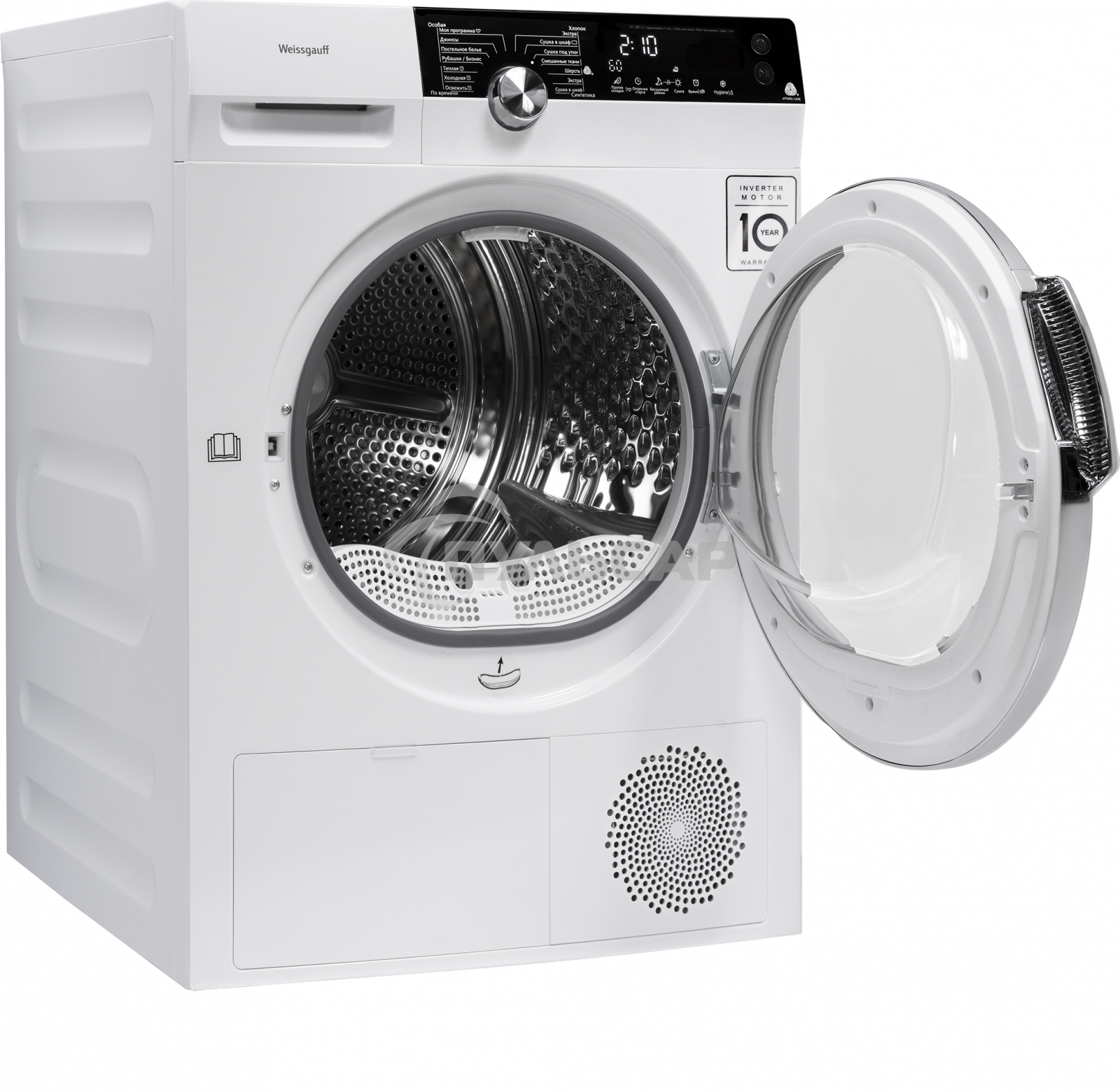 Сушильная машина Weissgauff WD 599 DC Inverter Heat Pump белый, 9 кг, сушка - тепловой насос, программ - 14, 59.5 x 84.5 x 64 см