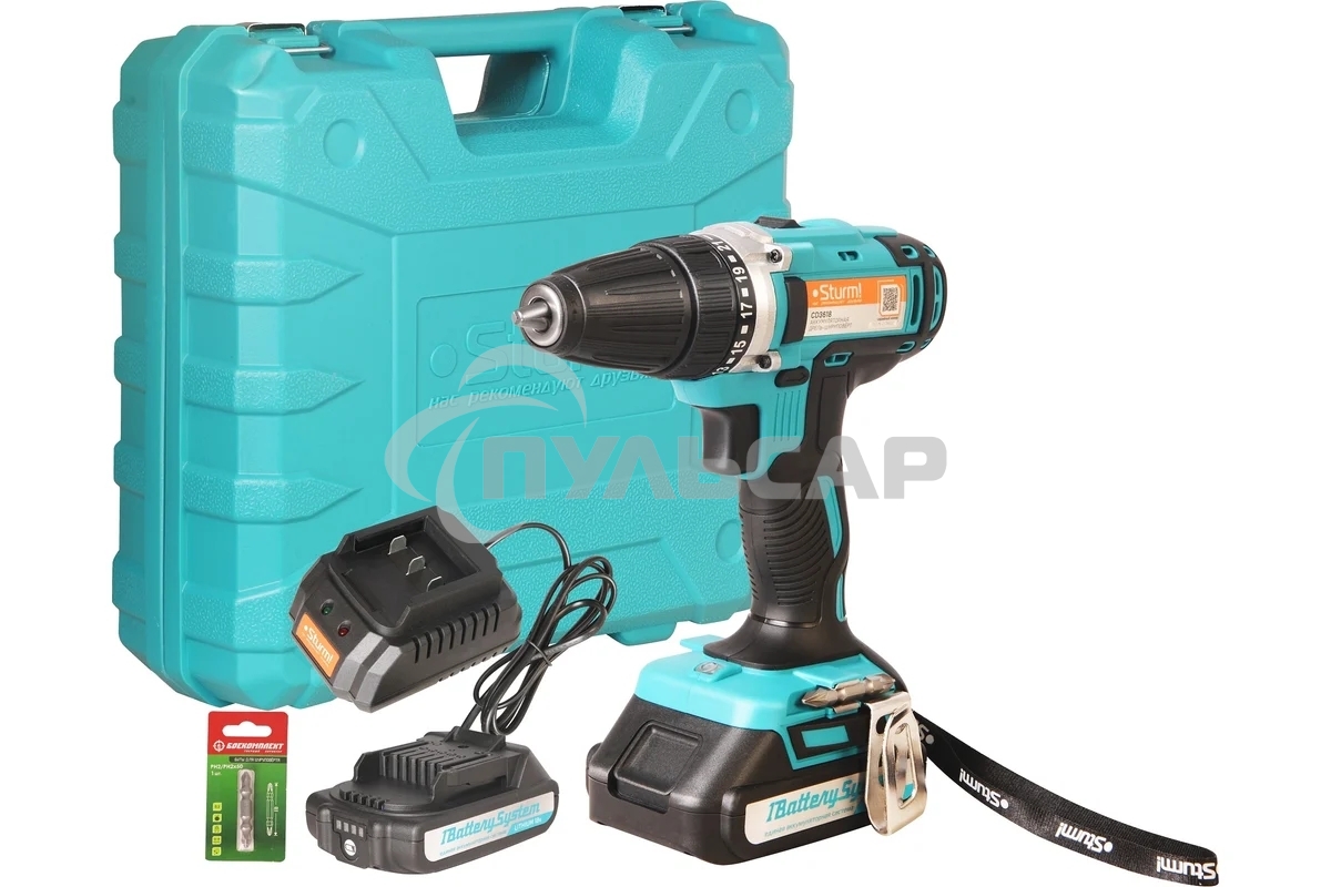 Дрель-шуруповерт Sturm CD3618, Аккумуляторная, 18В, 2 АКБ, Кейс