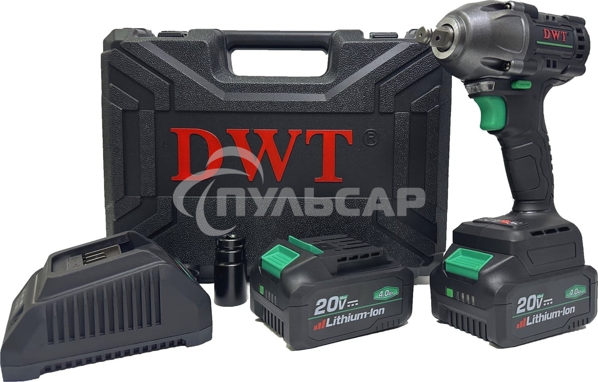 Гайковерт ударный аккумуляторный DWT ABWP-20 HDN-4C2 BMC /20В/500 Нм/2400 об.в мин/3000 уд.в мин/M12-M28/бесщеточный мотор/LED-подсветка/2 АКБ, 4 А·ч/ЗУ/кейс/черный (ABWP-20 HDN-4C2 BMC)