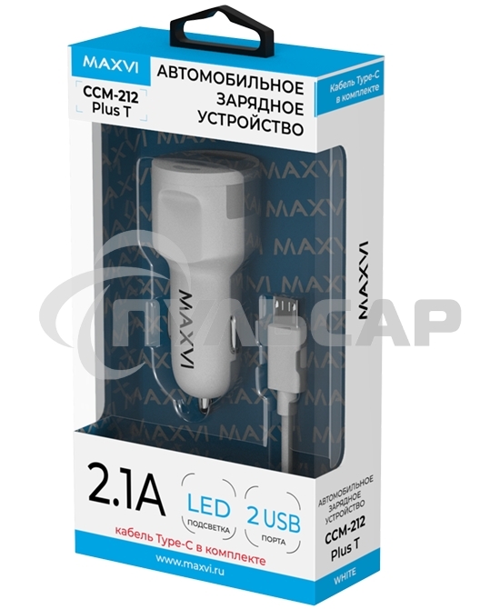 Автомобильное зарядное устройство Maxvi CCM-212 Plus T белый 2.1A