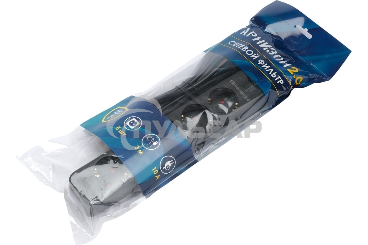 Сетевой фильтр Гарнизон 2.0 EPS-5-B-3 5р, 10А, 3м, ур.защиты 2+, черный, пакет (21443)