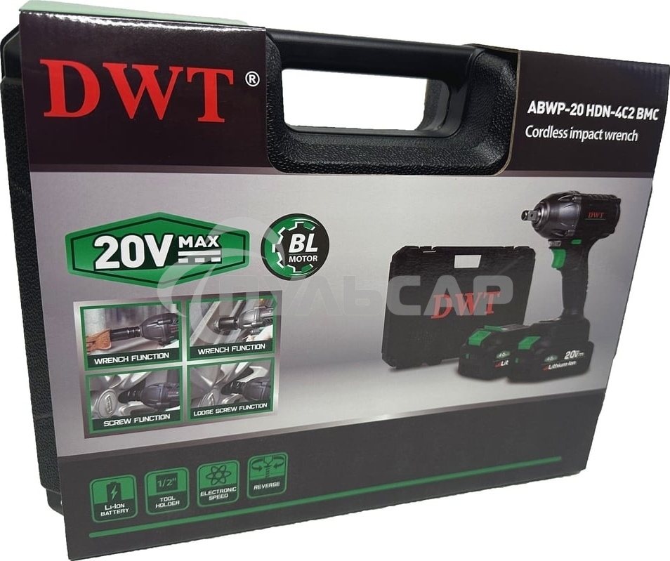 Гайковерт ударный аккумуляторный DWT ABWP-20 HDN-4C2 BMC /20В/500 Нм/2400 об.в мин/3000 уд.в мин/M12-M28/бесщеточный мотор/LED-подсветка/2 АКБ, 4 А·ч/ЗУ/кейс/черный (ABWP-20 HDN-4C2 BMC)