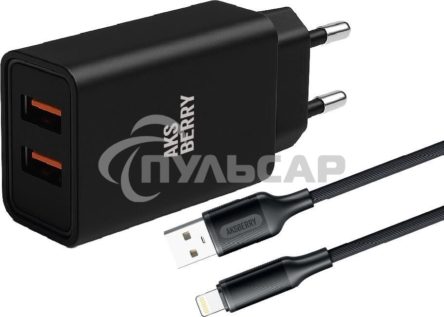 Сетевое зарядное устройство AKSBERRY (6900209210016) T38 2 USB 2.4A + кабель Lightning, черный