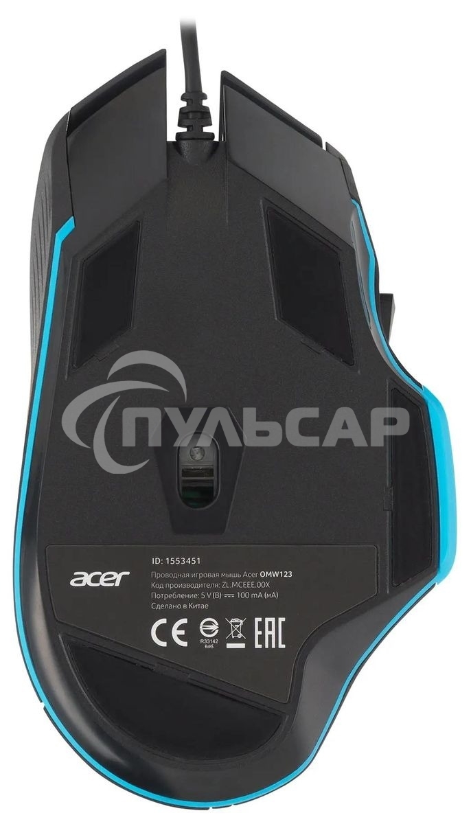 Мышь проводная Acer OMW123 черный, 6400 dpi, USB, кнопки - 8