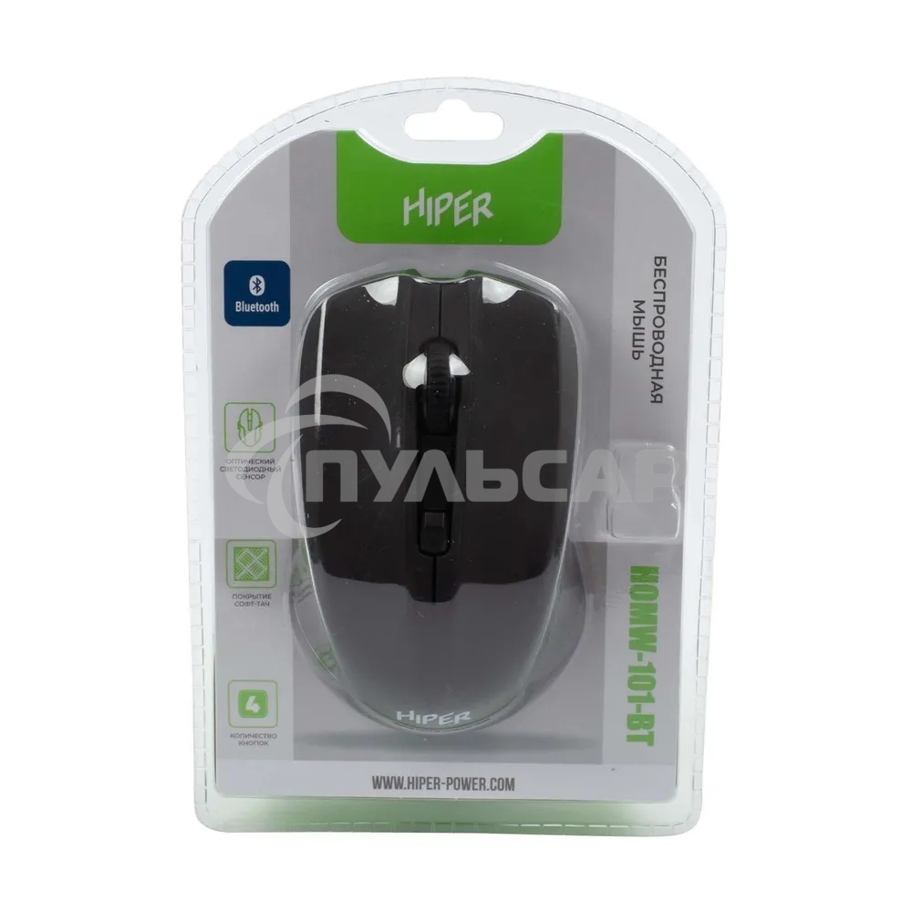 Мышь беспроводная HIPER HOMW-101-BT черный, 1600 dpi, радиоканал, USB, кнопки - 4