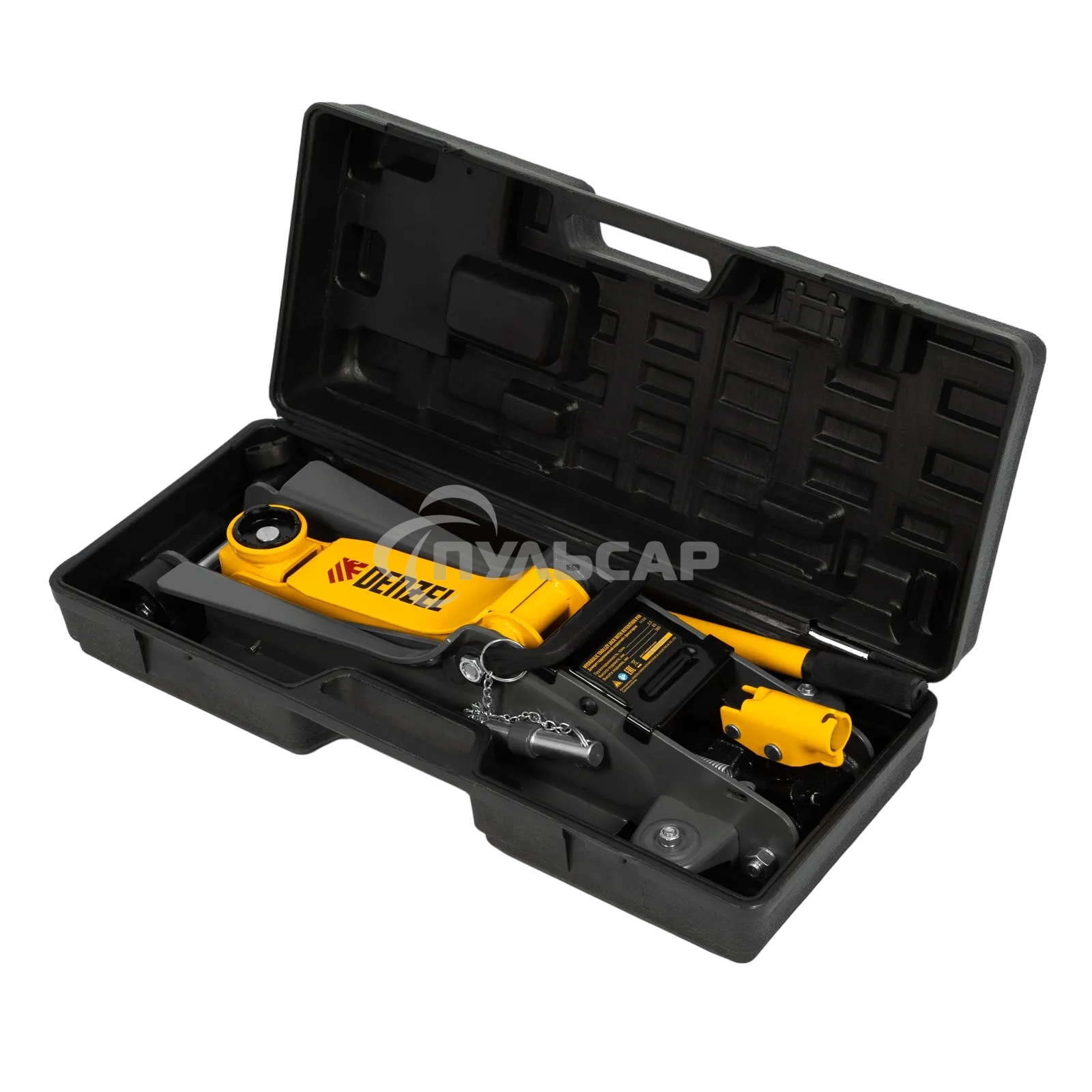 Домкрат гидравлический подкатной с фиксатором Denzel 2,5 т,85-385 мм, в пласт. кейсе