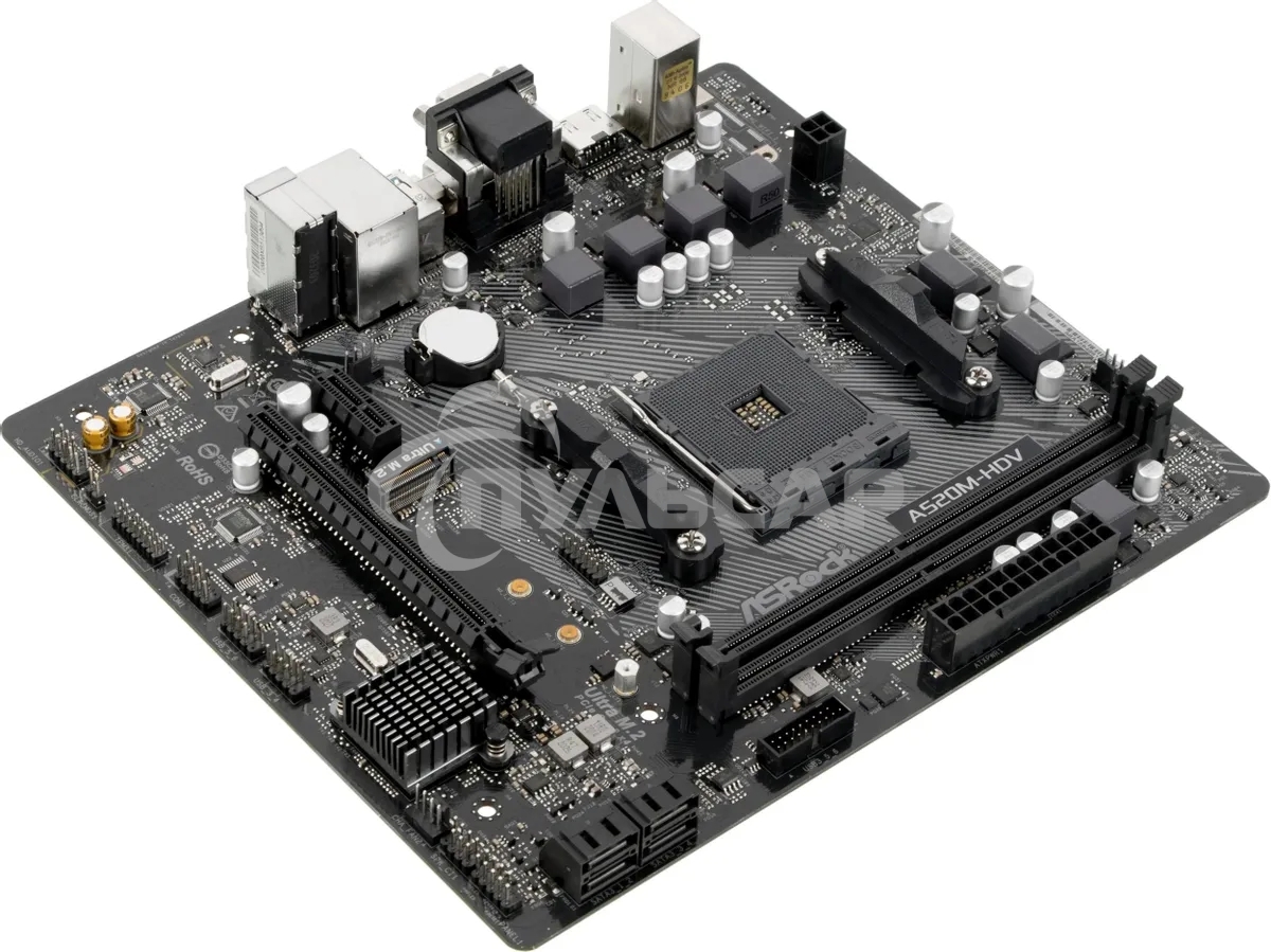 Материнская плата ASRock A520M-HDV, AM4, AMD A520, 2xDDR4, 4xSATA, 1xM.2, 1xPCIe 3.0 x16, 1xPCIe 3.0 x1, 1xDVI-D, 1xHDMI, 1xVGA, 1x 1Gb LAN, 3x3.5 мм, 7.1, mATX