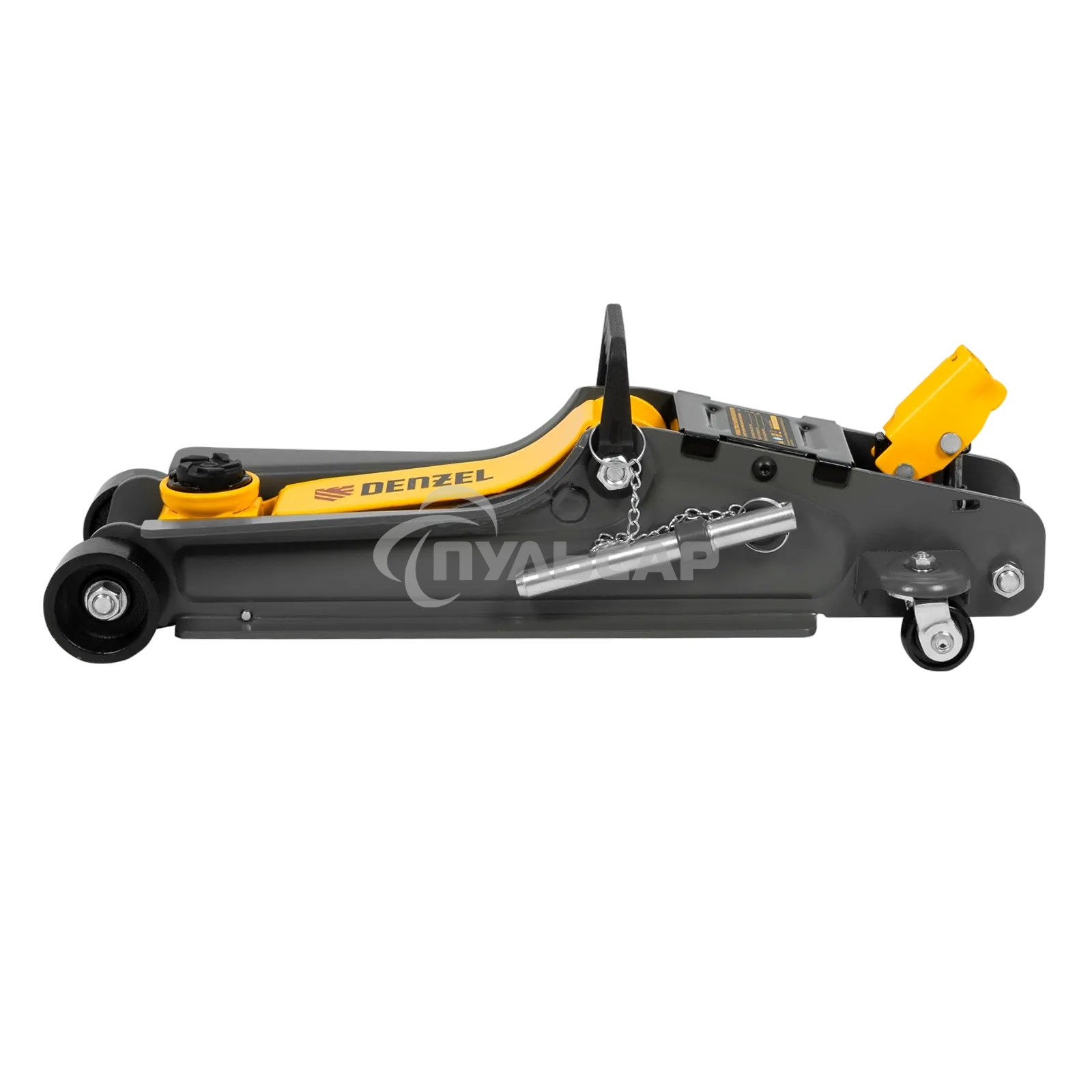 Домкрат гидравлический подкатной с фиксатором Denzel 2,5 т,85-385 мм, в пласт. кейсе