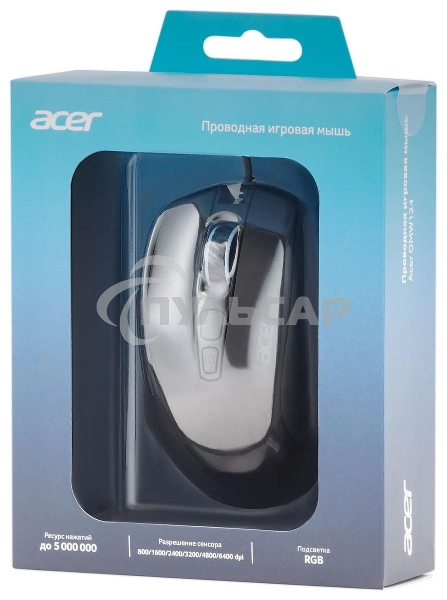 Мышь проводная Acer OMW124 черный, 6400 dpi, USB, кнопки - 8