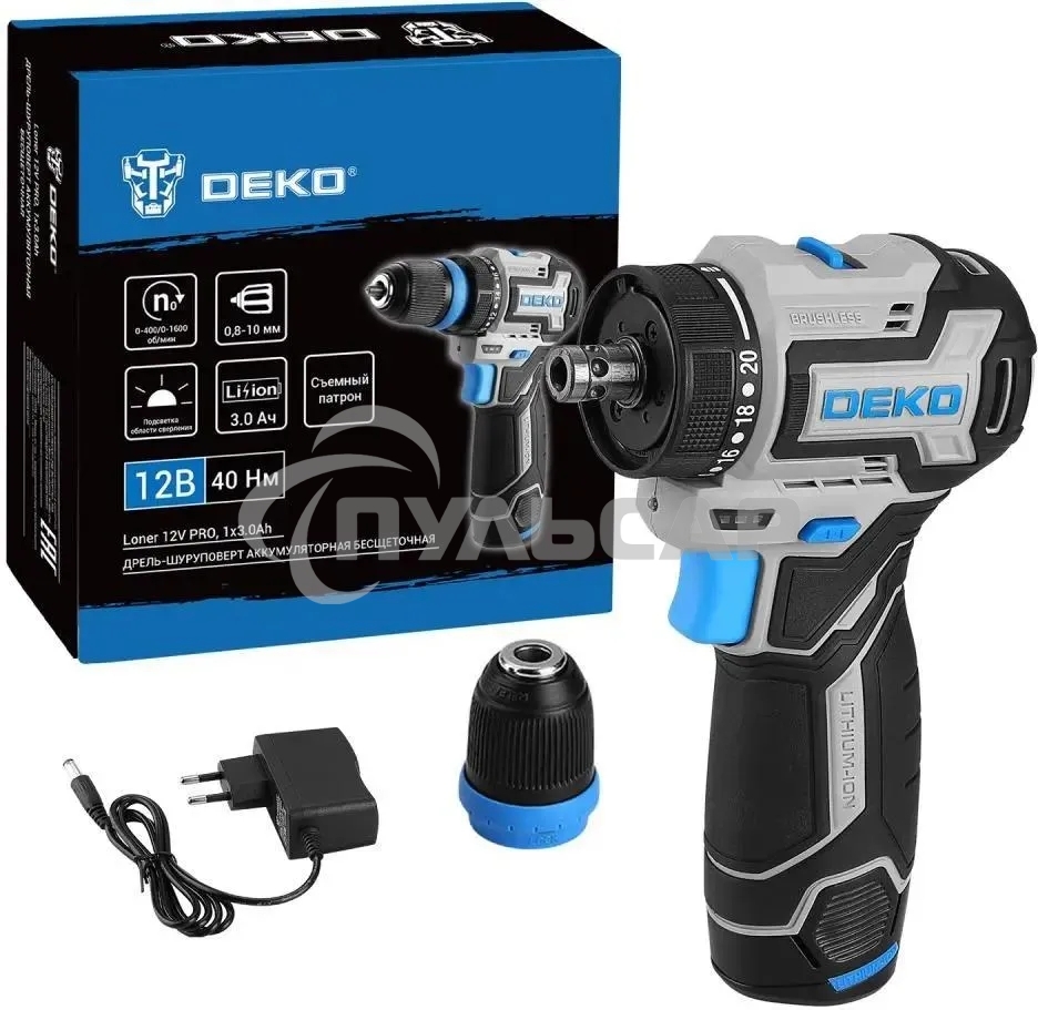 Дрель-шуруповерт DEKO Loner 12V Pro 085-1121, Аккумуляторная, 12В, 1АКБ, Кейс
