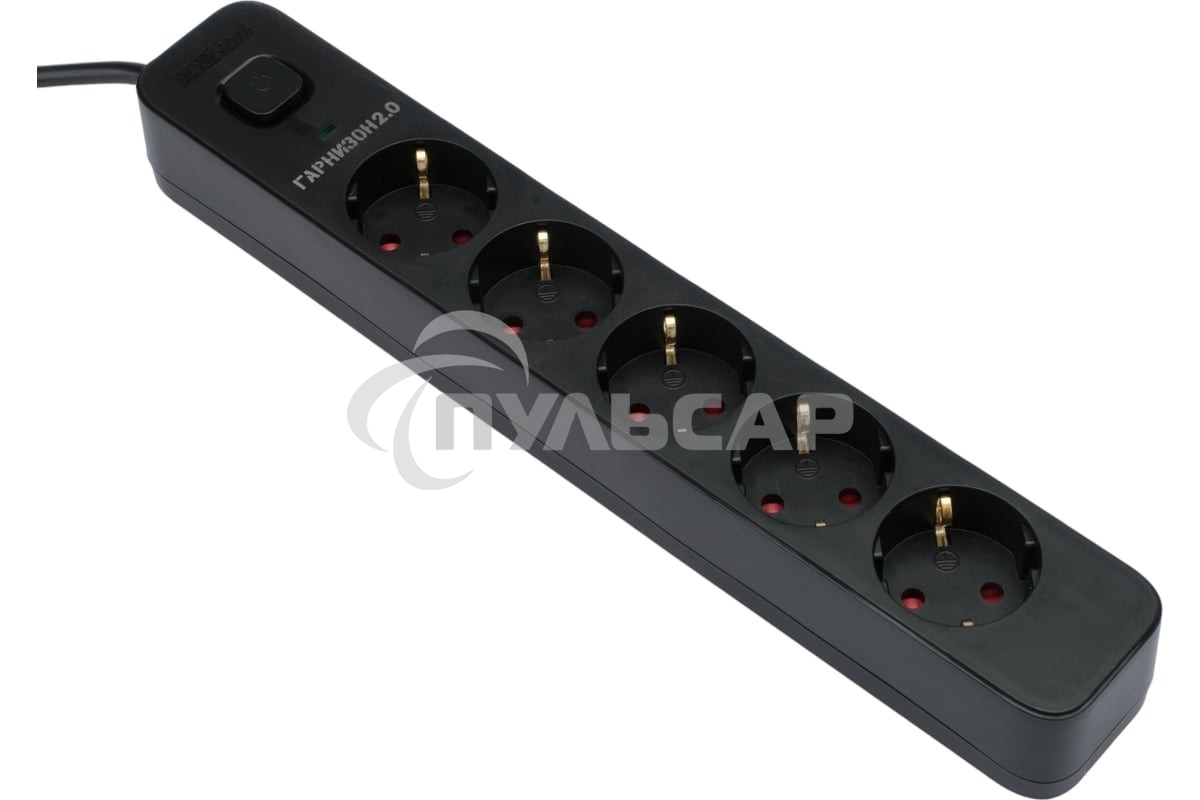 Сетевой фильтр Гарнизон 2.0 EPS-5-B-2, 5 р, 10А, 2м, ур.защиты 2+, черный, пакет