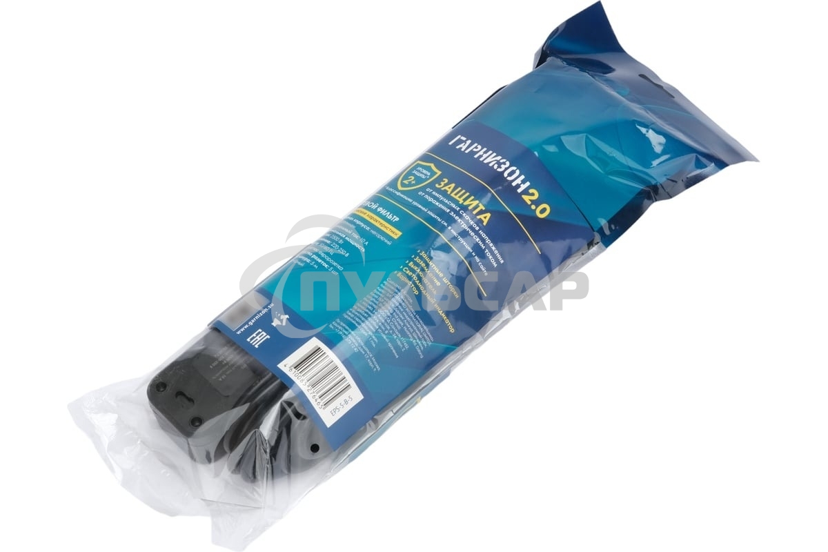 Сетевой фильтр Гарнизон 2.0 EPS-5-B-5, 5 р, 10А, 5м, ур.защиты 2+, черный, пакет