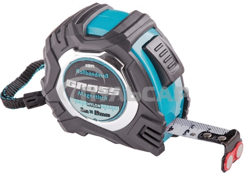 Рулетка Magnetisch, 5м х 19мм, обрезин. корпус,автоматич. фиксация, нейлон. покр.,магн.зацеп Gross