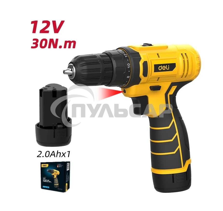 Дрель-шуруповерт Deli DL-DZ12-4A2, Аккумуляторная, 12В, 1 АКБ