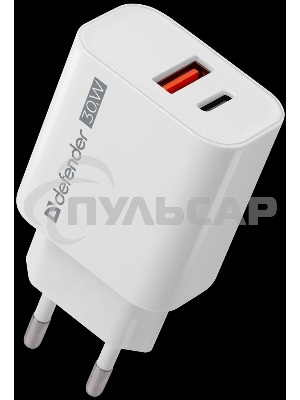 Сетевое ЗУ Defender UPA-130 USB-C/PD30W + USB-A/QC3.0, белый.