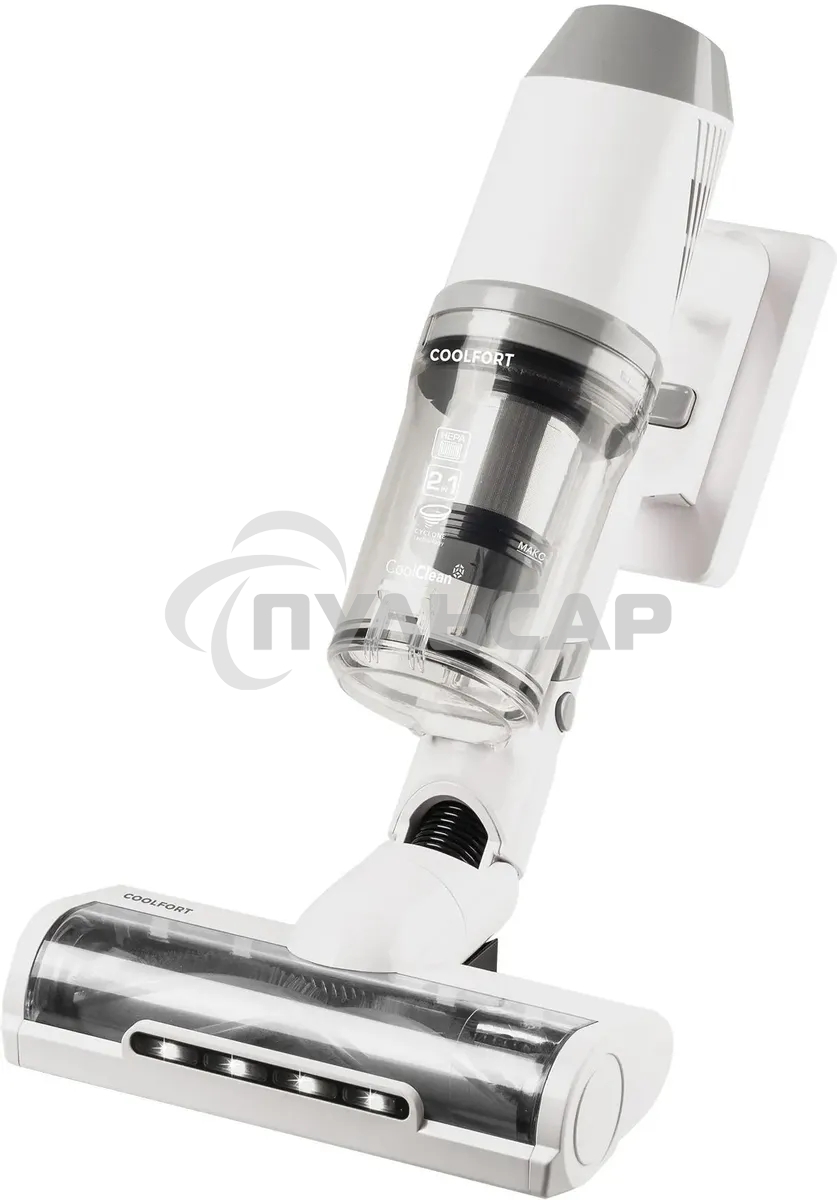 Пылесос вертикальный Coolfort CF-3002 белый, питание от аккумулятора, 120 Вт, уборка сухая, пылесборник 0.9 л, работа от АКБ max 32 мин.