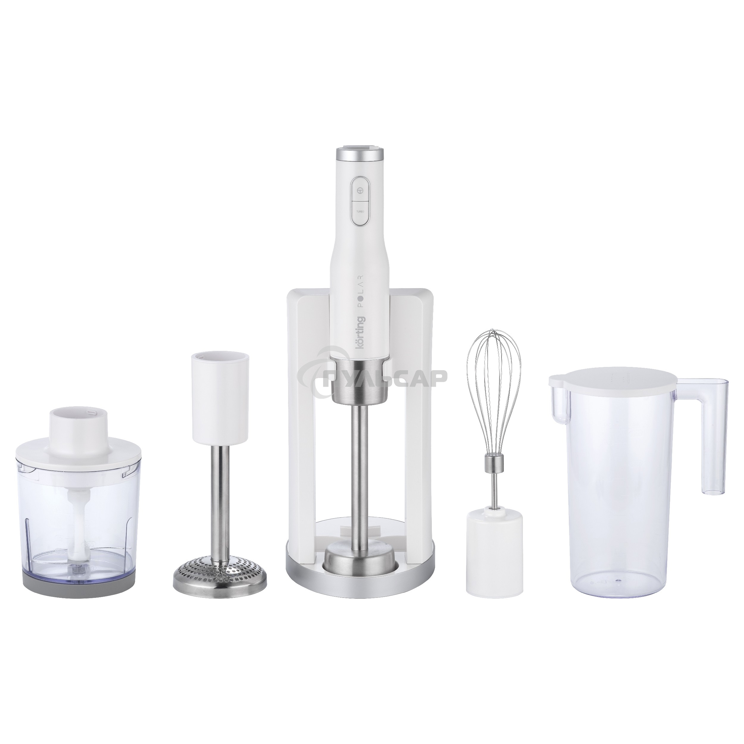 Погружной блендер KORTING KHB 0311 Polar, мощность 1200 Вт,объем чаши 500 мл, механическое/кнопочное управление, 4 насадки (блендер, измельчитель, миксер, насадка для пюре), 6 скоростей, турборежим, белый