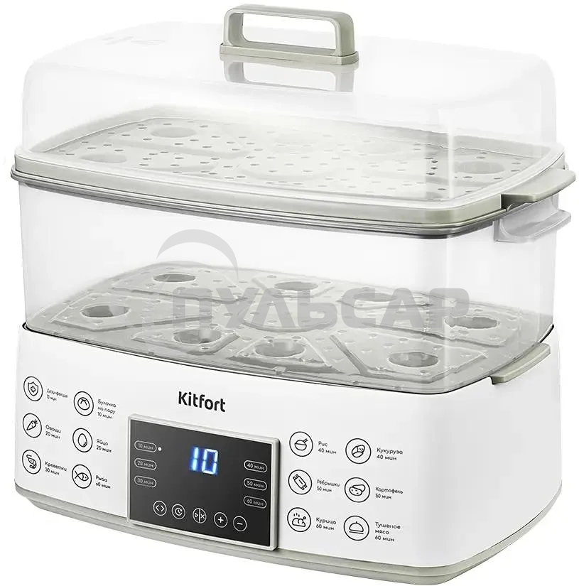 Пароварка Kitfort КТ-6431 2ярус. 800Вт белый/серый