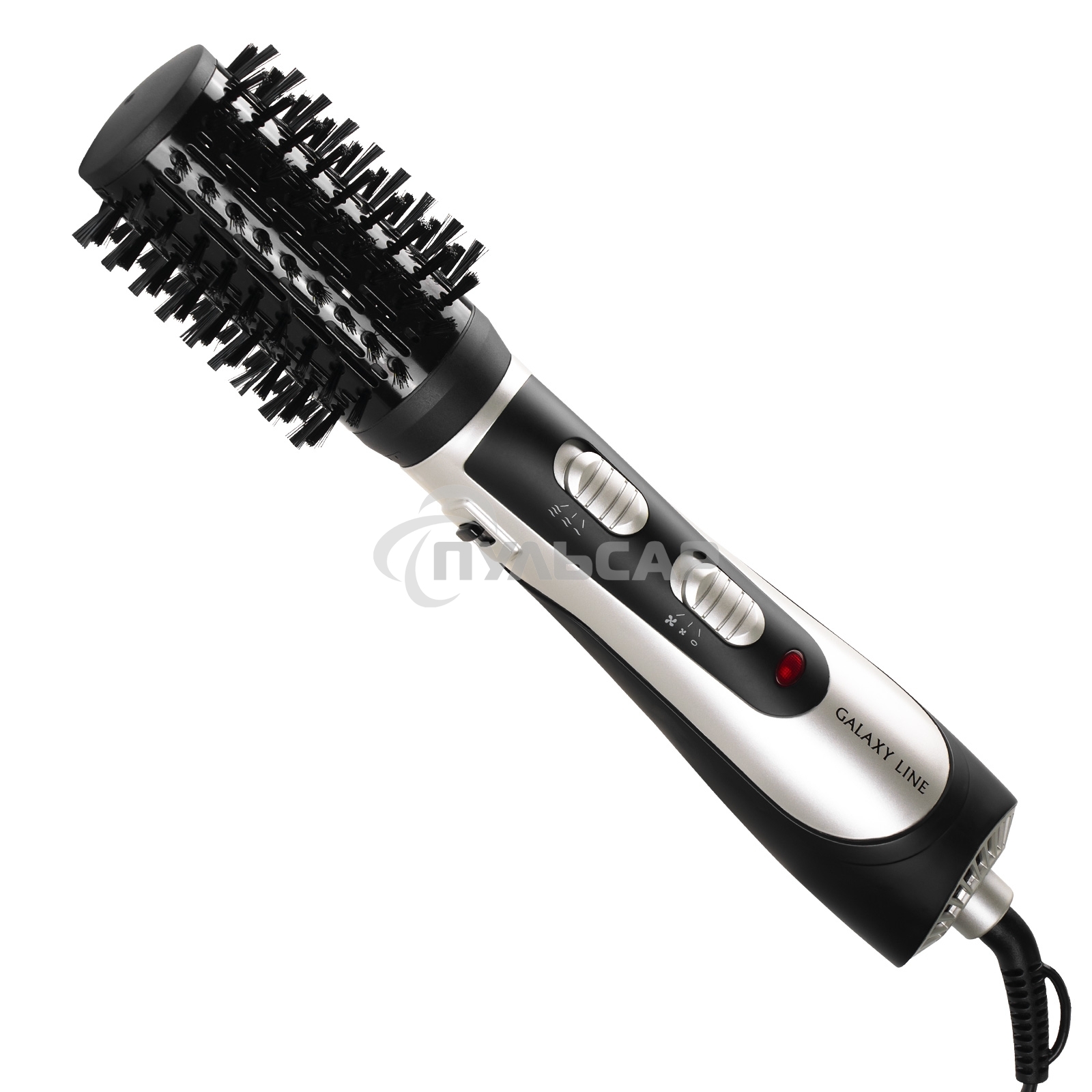 Фен-расческа Galaxy Line GL 4411, черный с серебристым, 1200 Вт, 2 скорости потока воздуха, 3 температурных режима, шнур, вращающийся на 360° с подвесной петлей, 3 насадки в комплекте