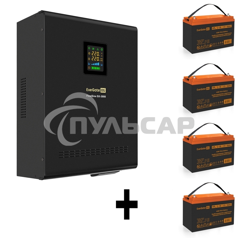 Комплект Источник бесперебойного питания EX296003RUS + батарея 100Aч EX285656RUS 4шт (инвертор, синус, для котла, настенный) ExeGate FineSine SX-3000.LCD.AVR.2SH.T 3000VA/2100W, чистая синусоида, цветной LCD-дисплей, AVR, 2*Schuko+клеммы, линейно-интеракт