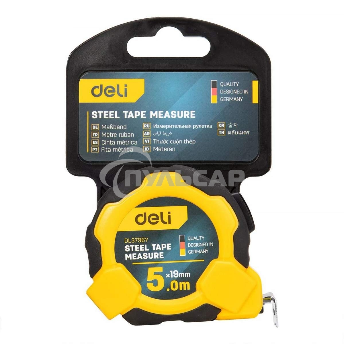 Рулетка Deli DL3796 5м*19мм, Автостоп, ударопрочный корпус, метрическая