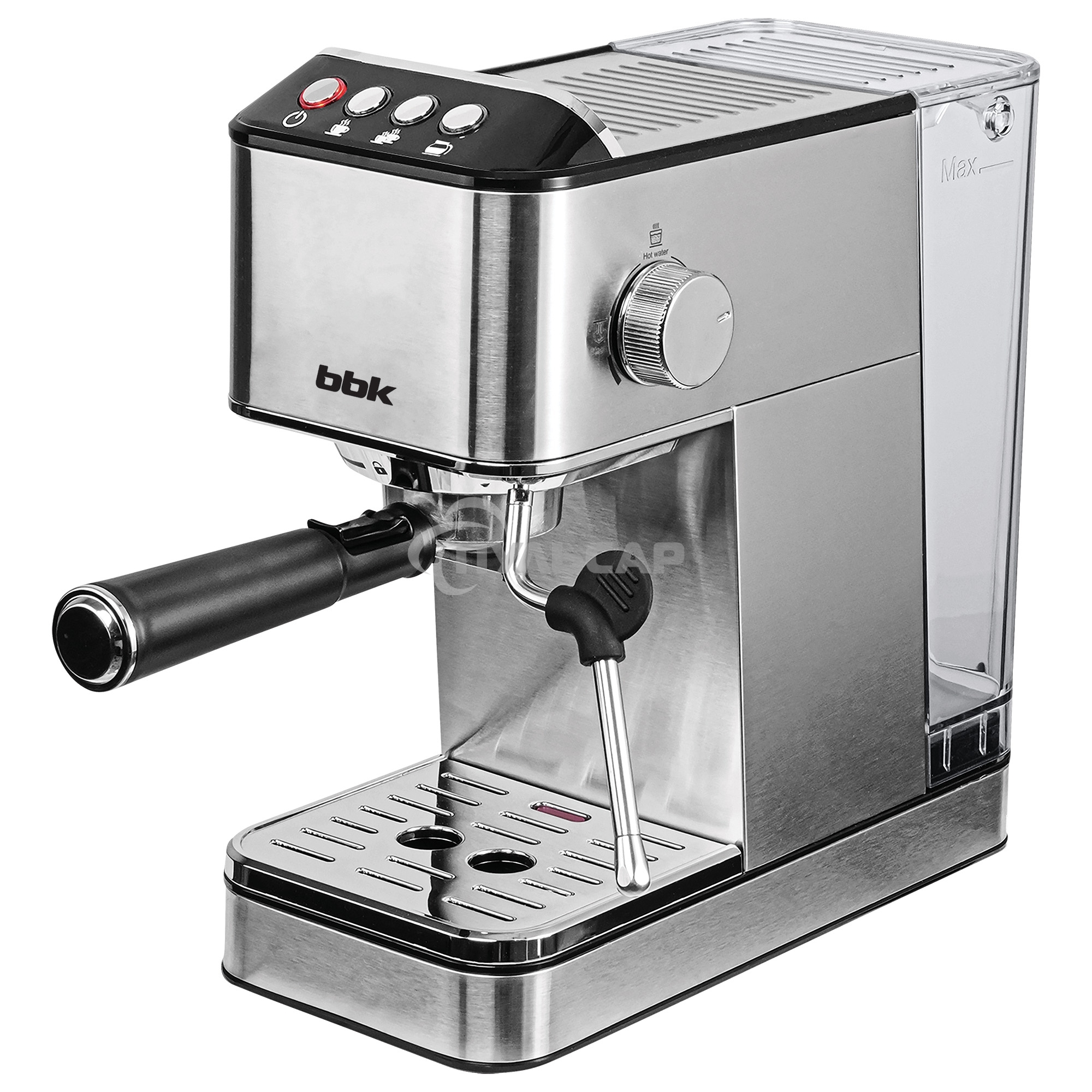 Кофеварка рожковая BBK BCM1501 нержавеющая сталь/черный, исп. кофе - молотый, 1.7 л, 1200 Вт, 20 бар