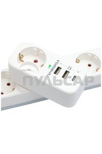 Сетевой фильтр Гарнизон SKT-1-CU2-W 2.0 Мультипорт однорозеточный, 1р, 16А, 1xType-C, 2 х USB, ур.защиты 2+, белый (21440)