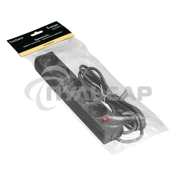 Удлинитель ExeGate EC-5-5B (EX279358RUS), черный, 5 м, евровилка с заземлением, 5 евророзеток с заземлением, 2200 Вт