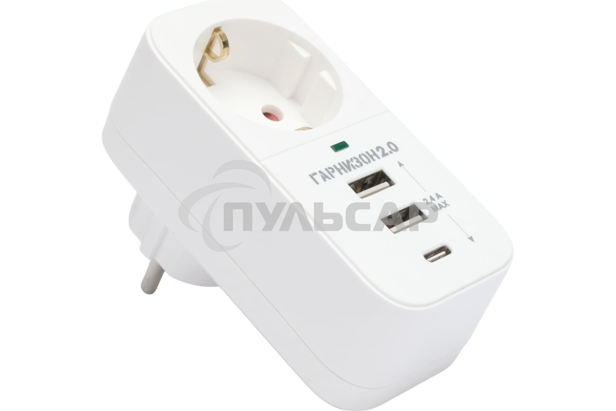 Сетевой фильтр Гарнизон SKT-1-CU2-W 2.0 Мультипорт однорозеточный, 1р, 16А, 1xType-C, 2 х USB, ур.защиты 2+, белый (21440)