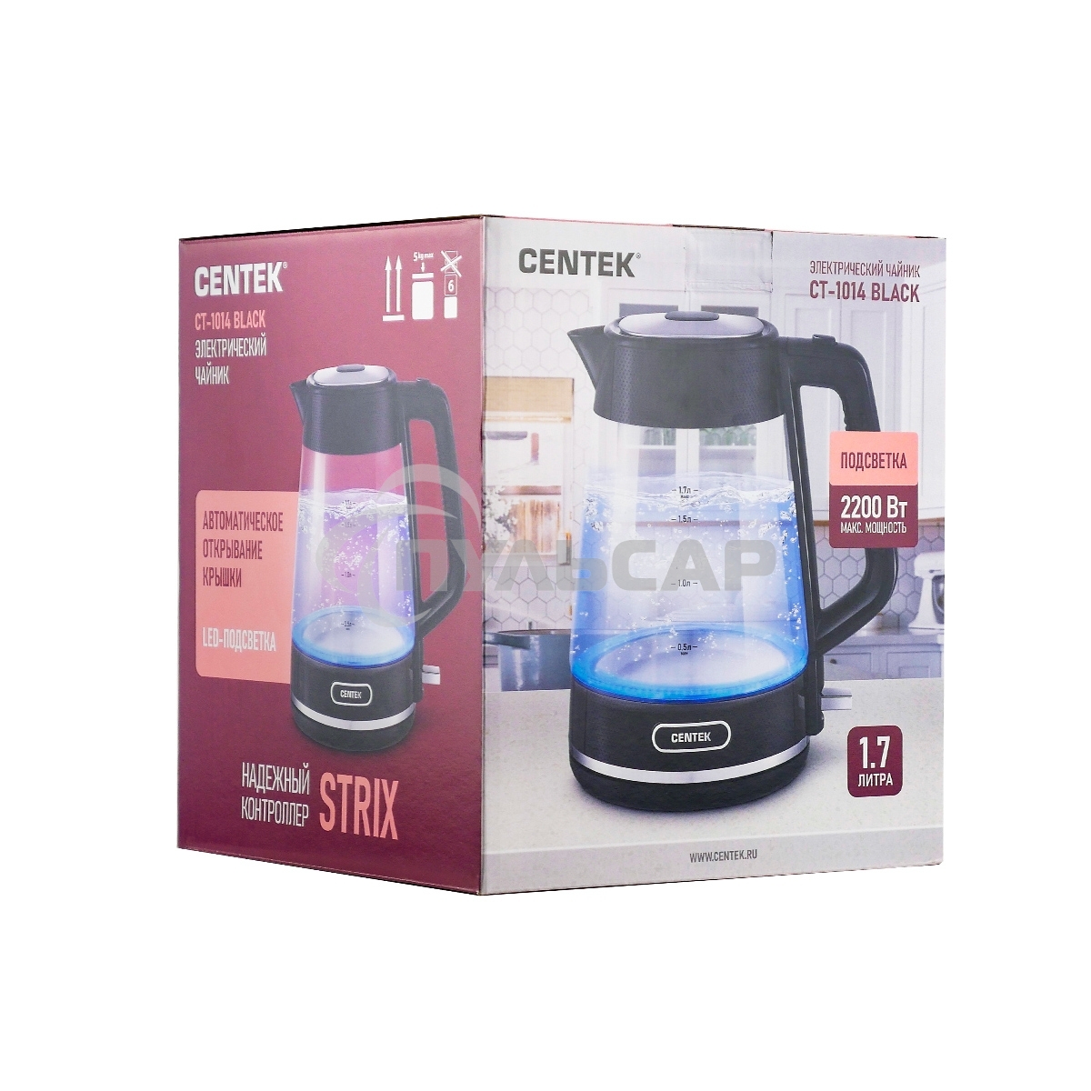 Чайник электрический Centek CT-1014 черный стекло 1.7л, 2200Вт, LED, Защита от перегрева, STRIX контроллер