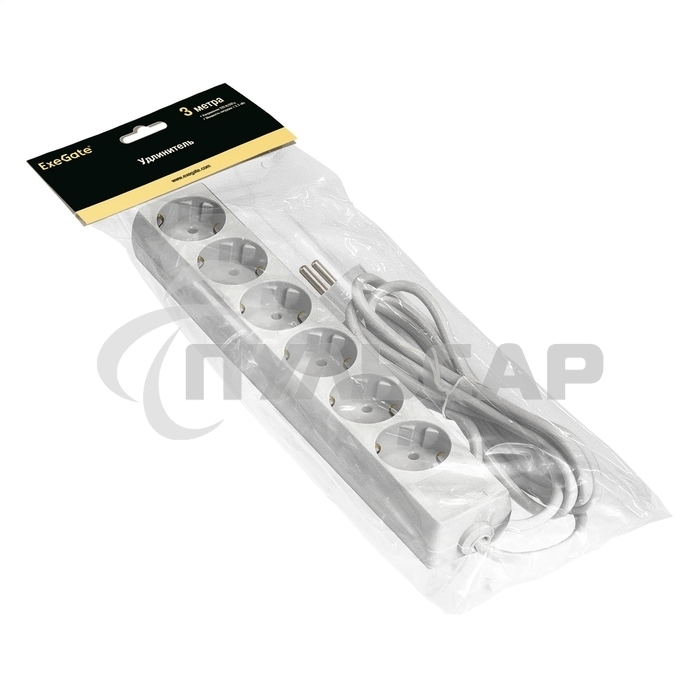 Удлинитель ExeGate ECE-6-3W (EX285833RUS), белый, 3 м, евровилка с заземлением, 6 евророзеток с заземлением, 2200 Вт