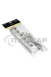 Удлинитель ExeGate ECE-6-5W (EX285836RUS), белый, 5 м, евровилка с заземлением, 6 евророзеток с заземлением, 2200 Вт