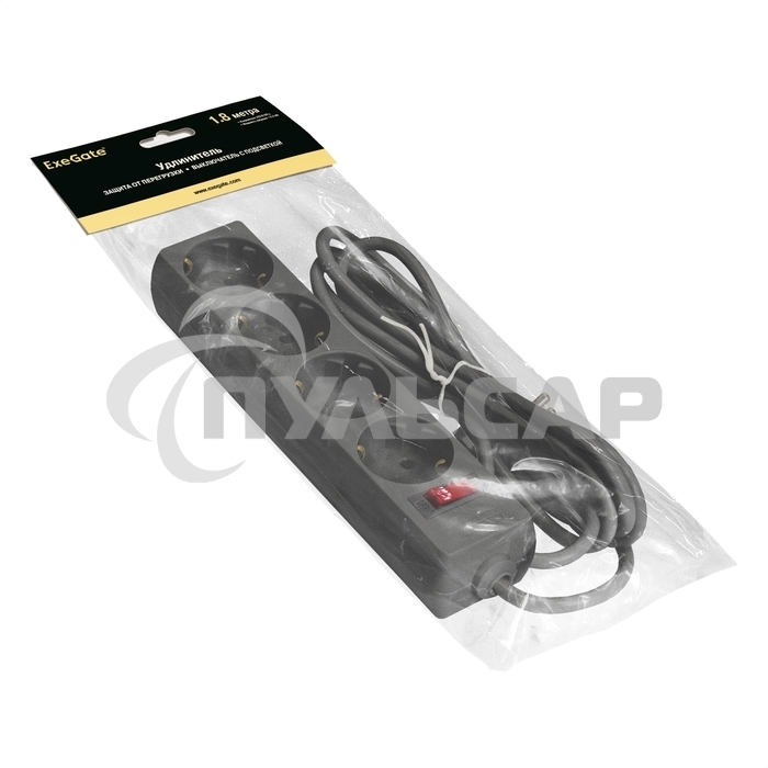 Удлинитель ExeGate EC-4-1.8B (EX279396RUS), черный, 1,8 м, евровилка с заземлением, 4 евророзетки с заземлением, 2200 Вт