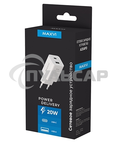 Сетевое зарядное устройство Maxvi A354PD Type-C 20W PD3.0 + USB 2.4A, белый