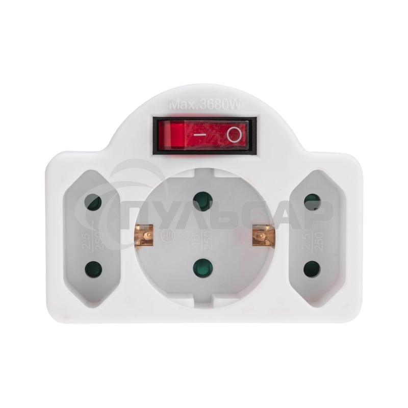 Тройник Rexant электрический 16А с/з + 2х2,5А с выключателем и защитными шторками, белый