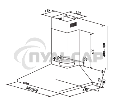 Вытяжка каминная HOMSair Delta 50 нержавеющая сталь, 50 см, 600 куб. м/ч, 47 дБ