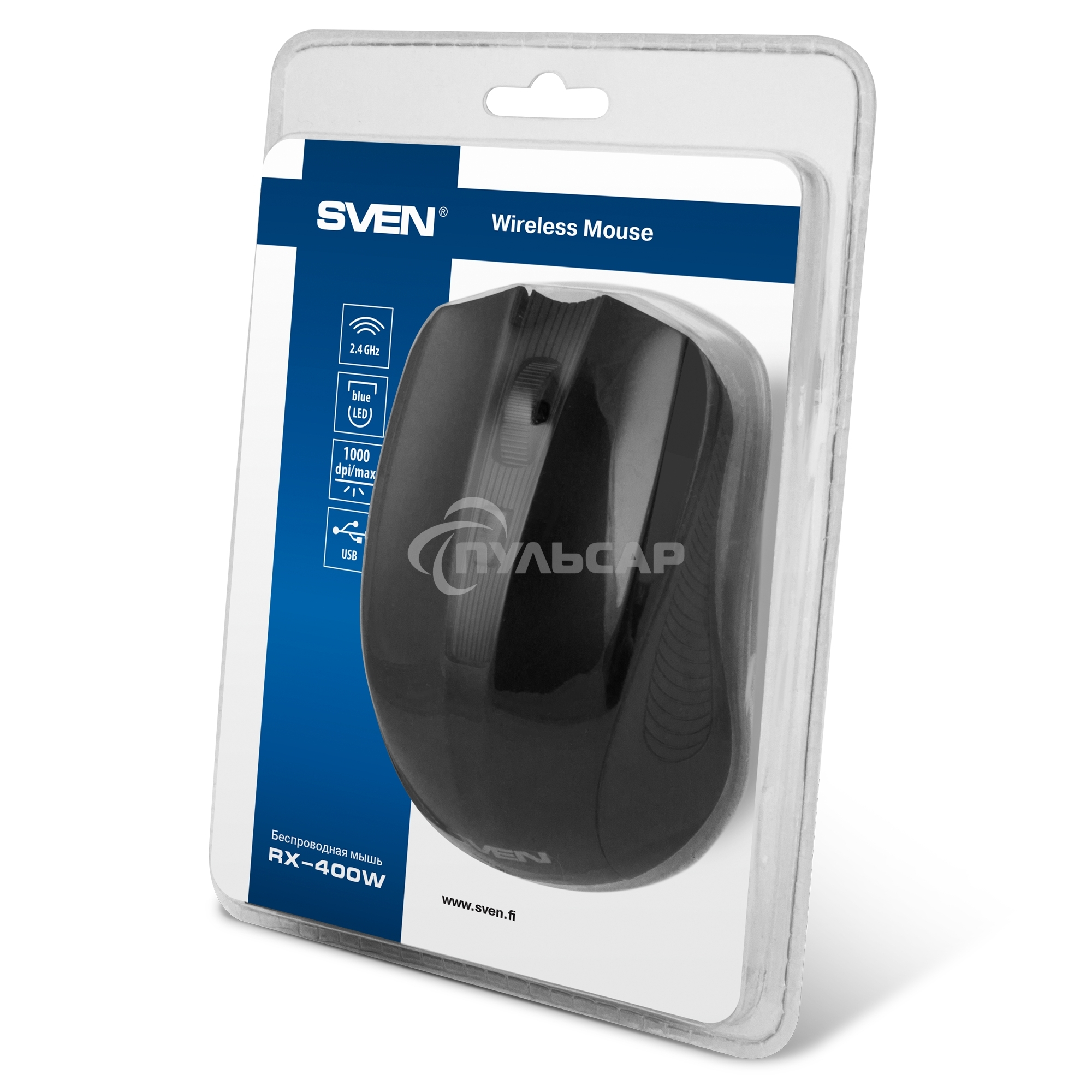 Мышь беспроводная SVEN RX-400W черный, 1400 dpi, радиоканал, USB, кнопки - 4