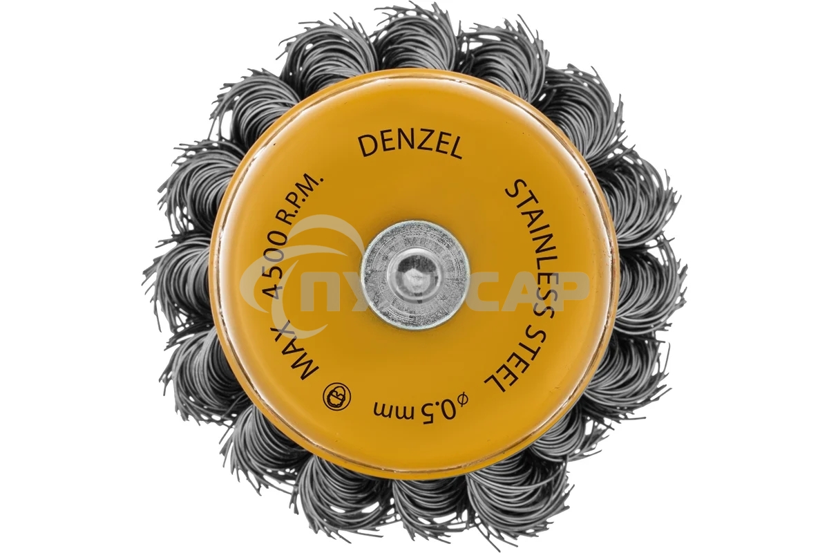 Щетка для дрели Denzel 65 мм, чашка, со шпилькой, нержавеющая крученая проволока