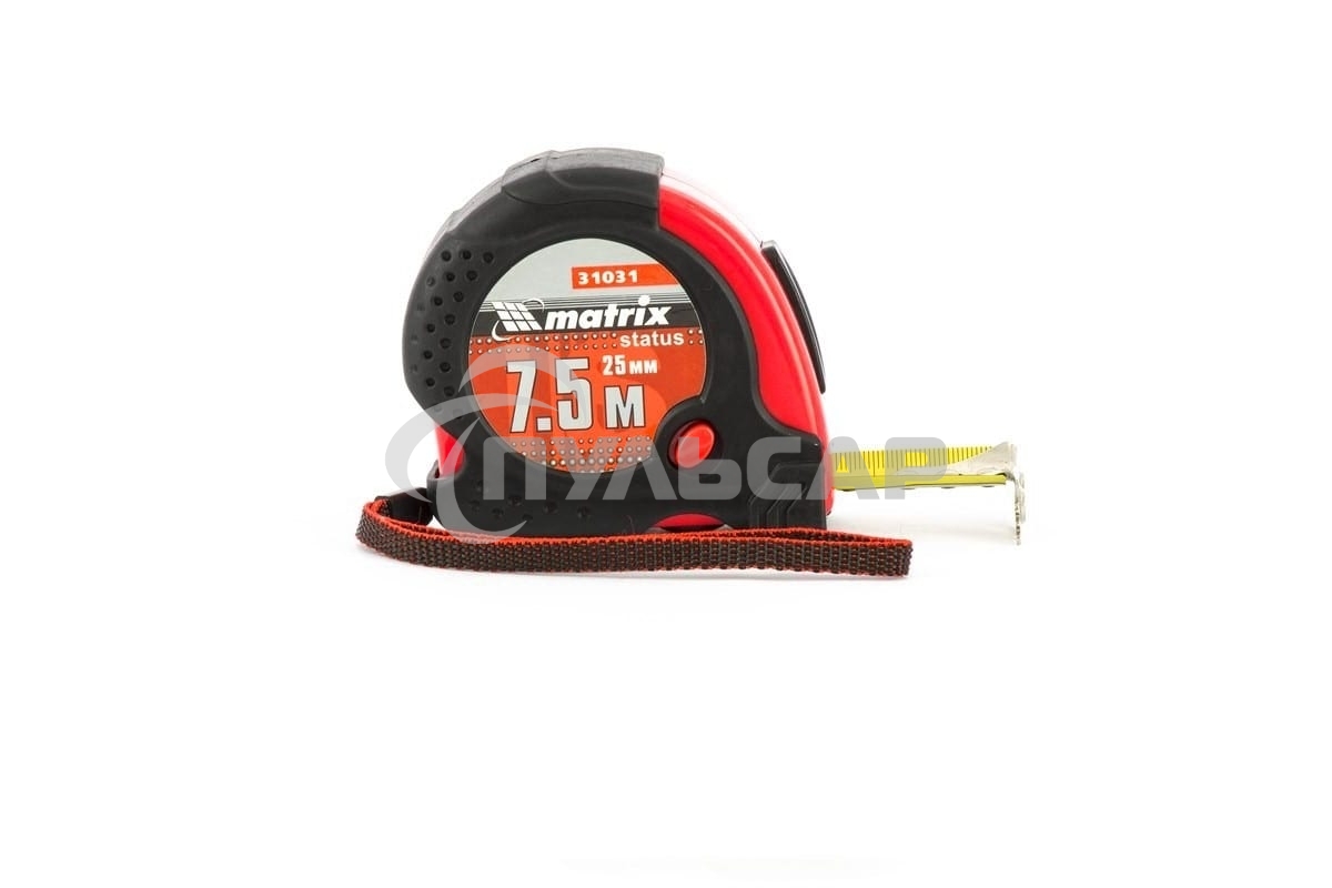 Рулетка Matrix Status magnet fixation, 7,5 м х 25 мм, обрезиненный корпус, зацеп с магнитом