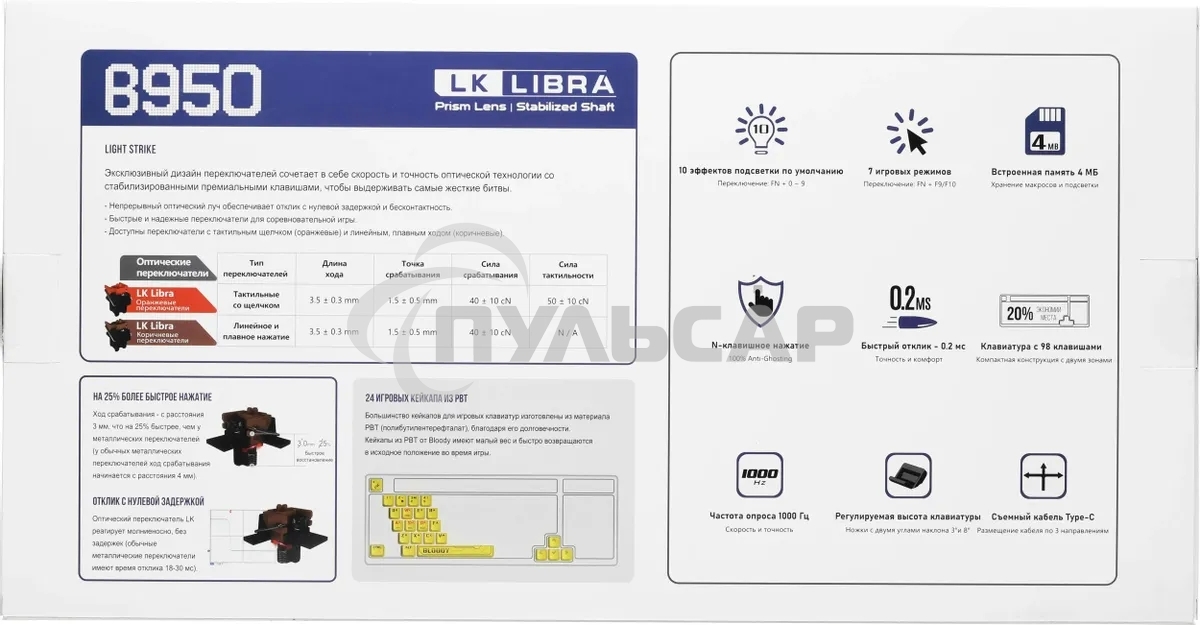 Клавиатура проводная A4Tech Bloody B950 USB синий/белый