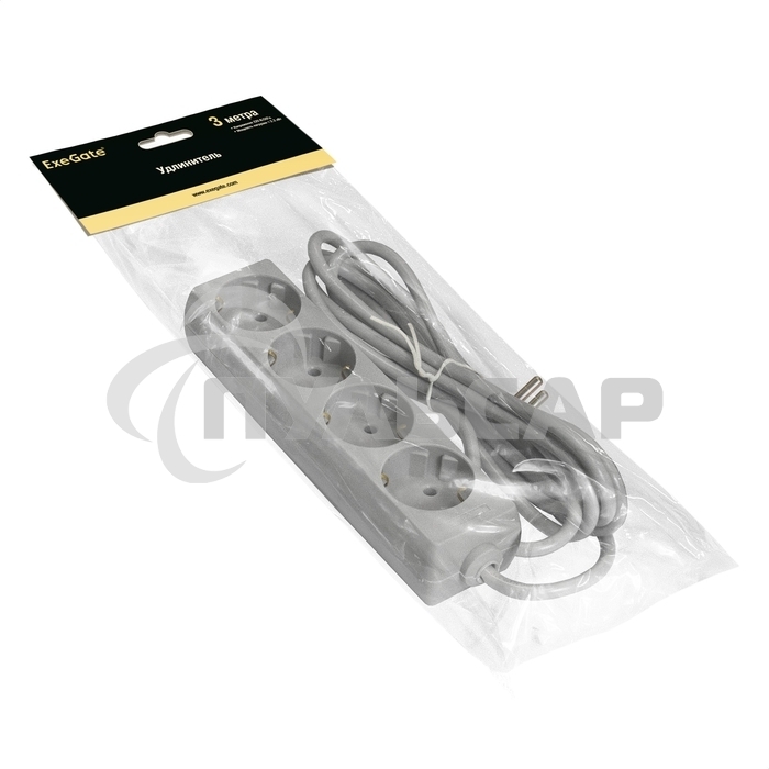 Удлинитель ExeGate ECE-4-3G (EX285814RUS), серый, 3 м, евровилка с заземлением, 4 евророзетки с заземлением, 2200 Вт