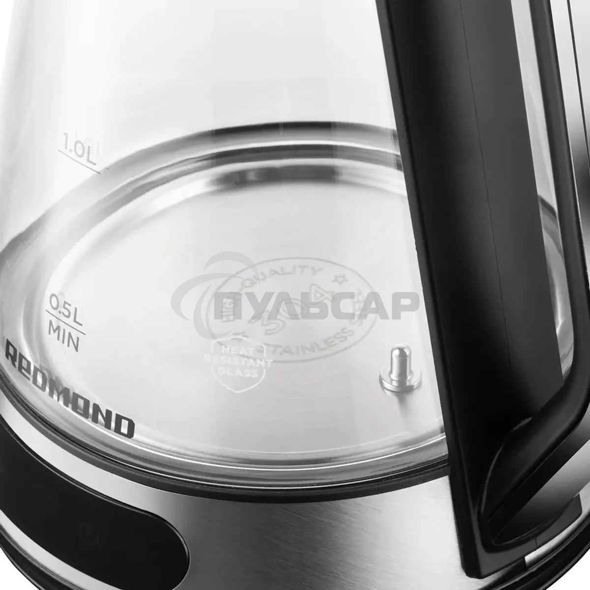 Чайник электрический Redmond KG222 1.5 л, 2200 Вт, стекло/сталь, серебристый/черный