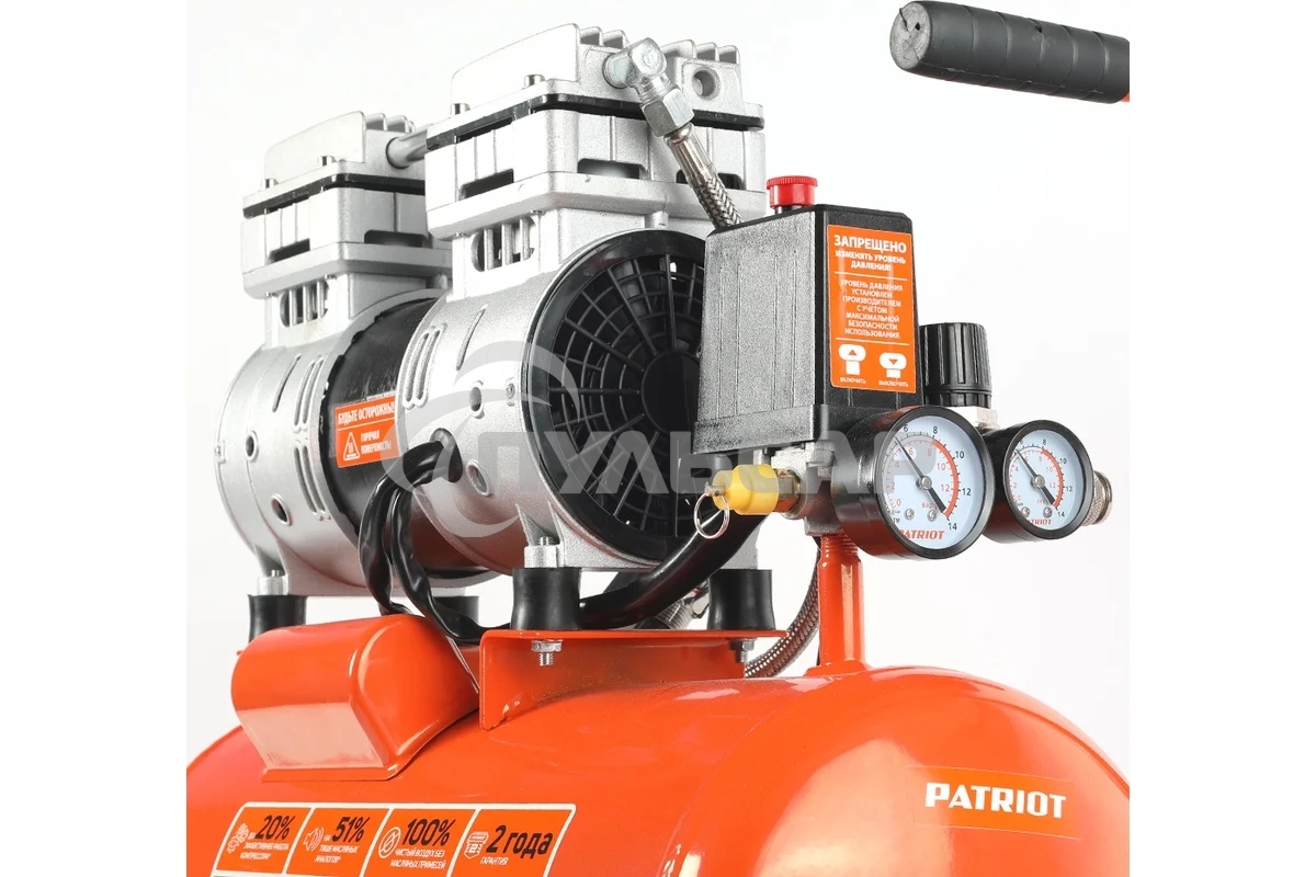 Компрессор PATRIOT WO 24-160 525306375 Безмасляный; Мощн. 1,1 кВт; Напр. 230В Об. двиг.: 2850 об/мин; Производительность: 160 л/мин; Объем ресивера: 24 л; Давление: 8 бар