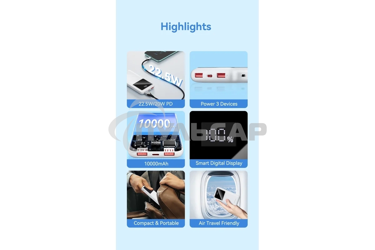 Портативный аккумулятор Vention 10000mAh(M/C-A/A)22.5W белый с LED Дисплеем