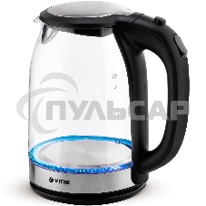 Чайник электрический 7095-VT(TR) Vitek Мощность 2200 вт.Объем 1,8 л.Материал корпуса термостойкое стекло.