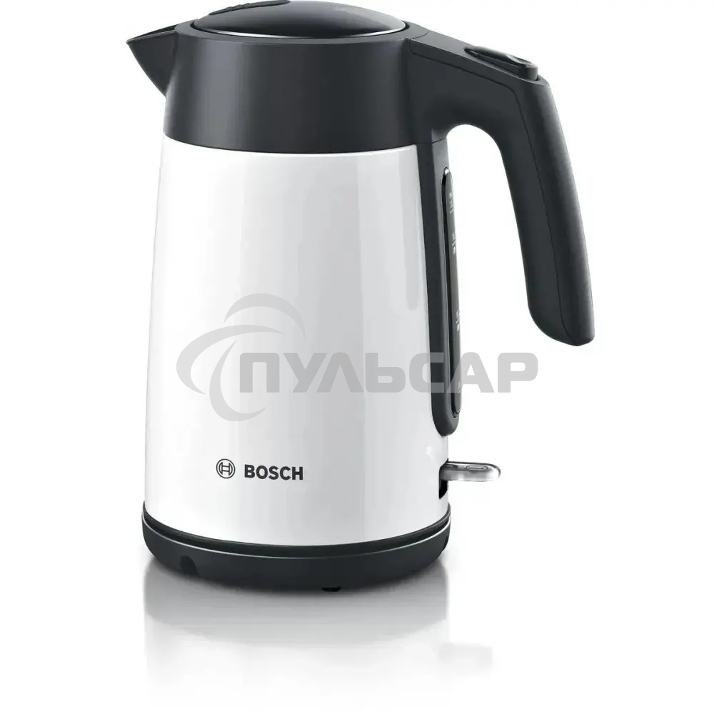 Чайник электрический Bosch TWK7L461, 1.7л, 2400 Вт., нерж.сталь, покрытая эмалью, белый,шкала уровня воды