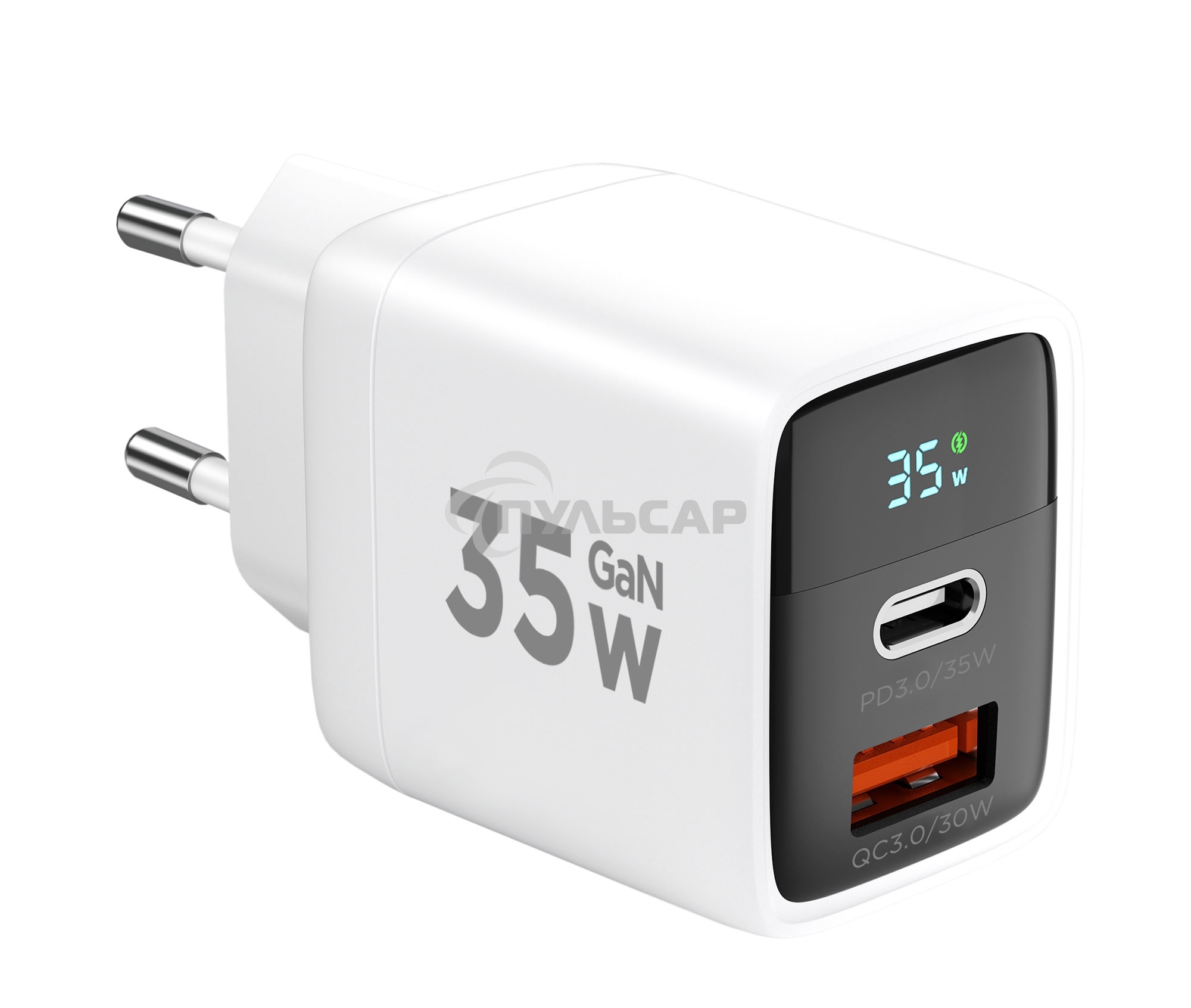 Зарядное устройство с дисплеем Cablexpert MP3A-PC-52, 35Вт GaN, QC3.0/PD3.0, 1хUSB, 1хType-C, белый, коробка